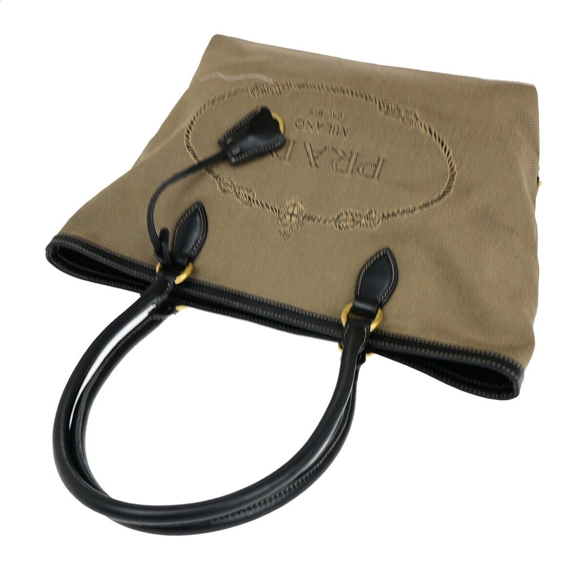 PRADA MILANO Logo Jacquard Shoulder Bag Canvas Leather Brown Black Gold 75SH961