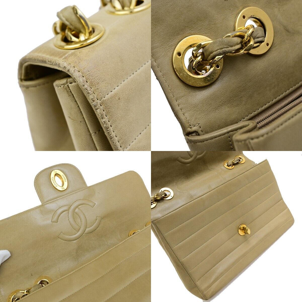 CHANEL CC Horizontal Stitch 30 Chain Shoulder Bag Leather Beige Vintage 653RF229