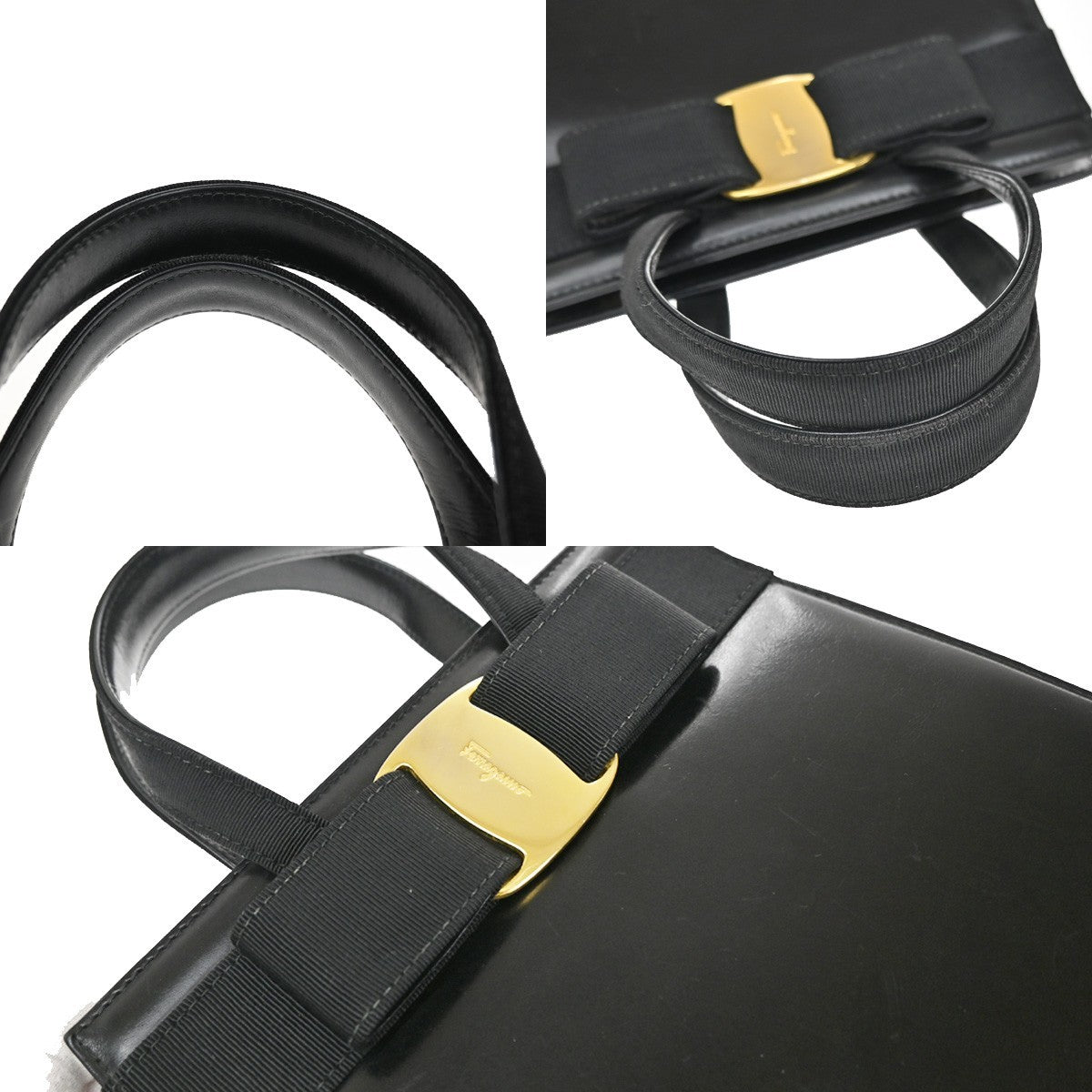 SALVATORE FERRAGAMO Logo Vara Hand Bag Leather Canvas Black GHW Italy 64KB165