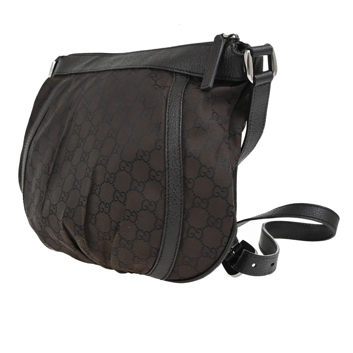 GUCCI Logo GG pattern Shoulder Bag Nylon Leather Brown Silver Italy 88EE172
