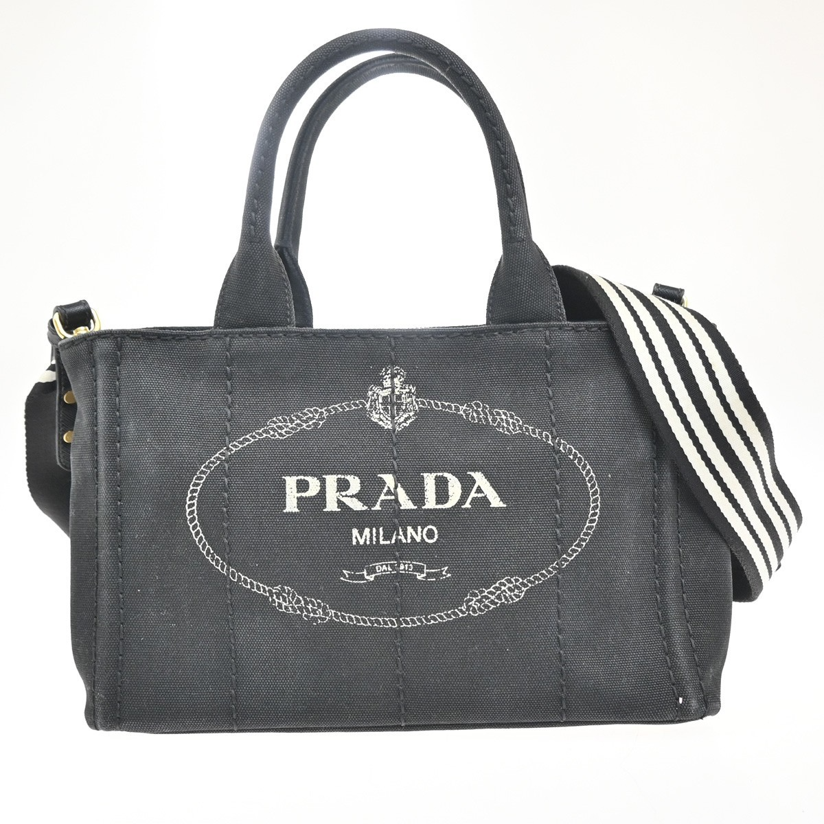 PRADA Logo Canapa 2way Shoulder Hand Bag Canvas Leather Black GHW 84MA216