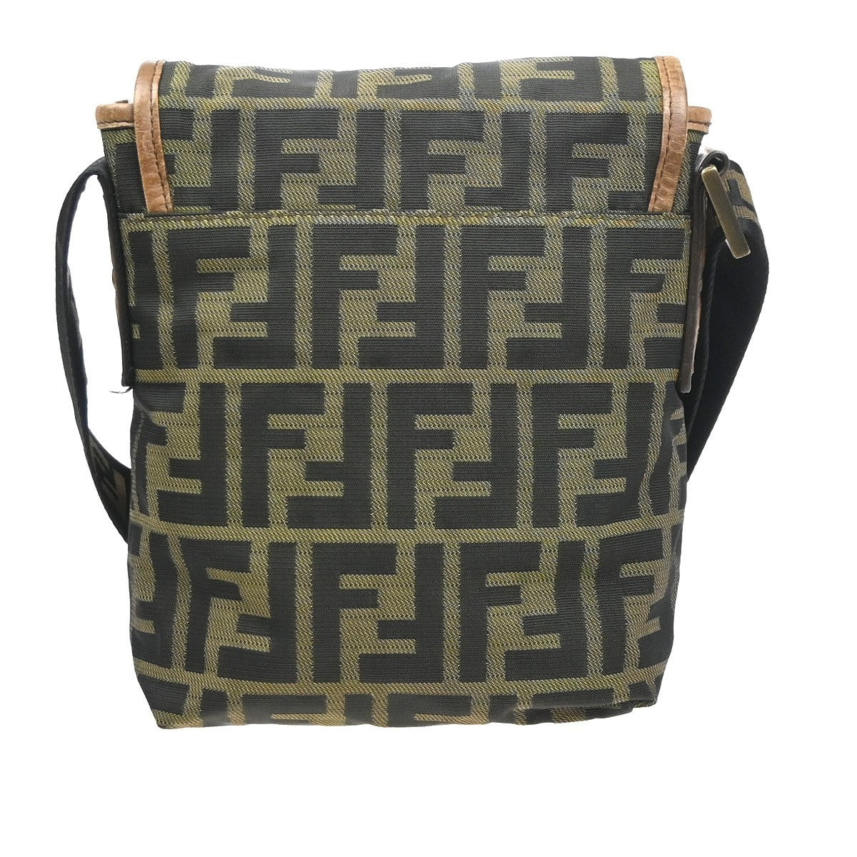 FENDI FF Logo Zucca Pattern Shoulder Bag Canvas Leather Khaki GHW Italy 71MA559