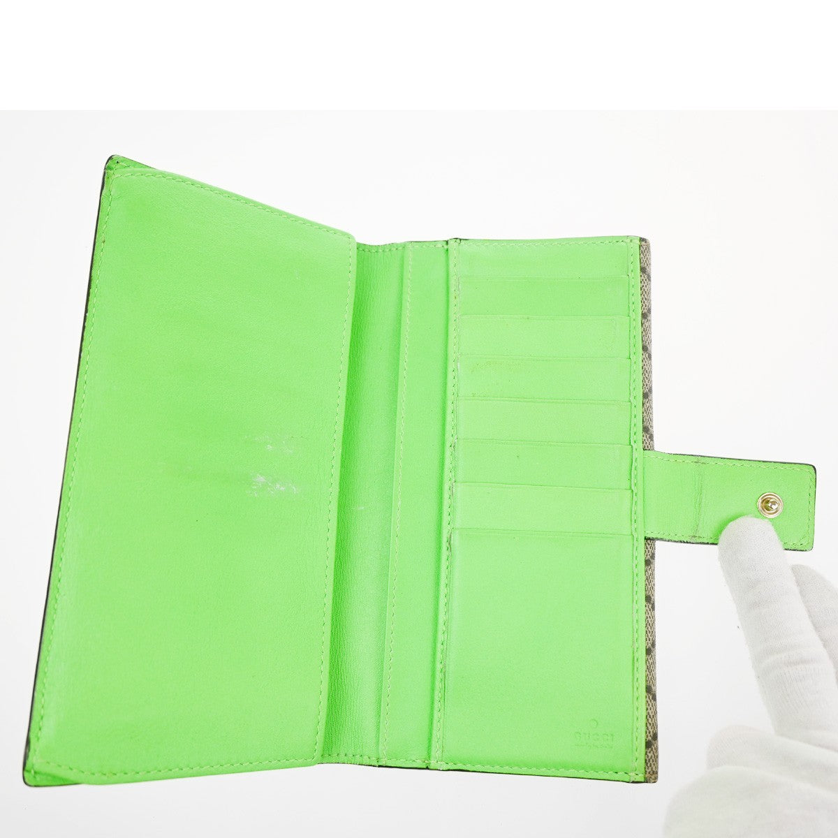 GUCCI GG heart Bifold Long Wallet Supreme Leather Green Beige GHW 01KC911