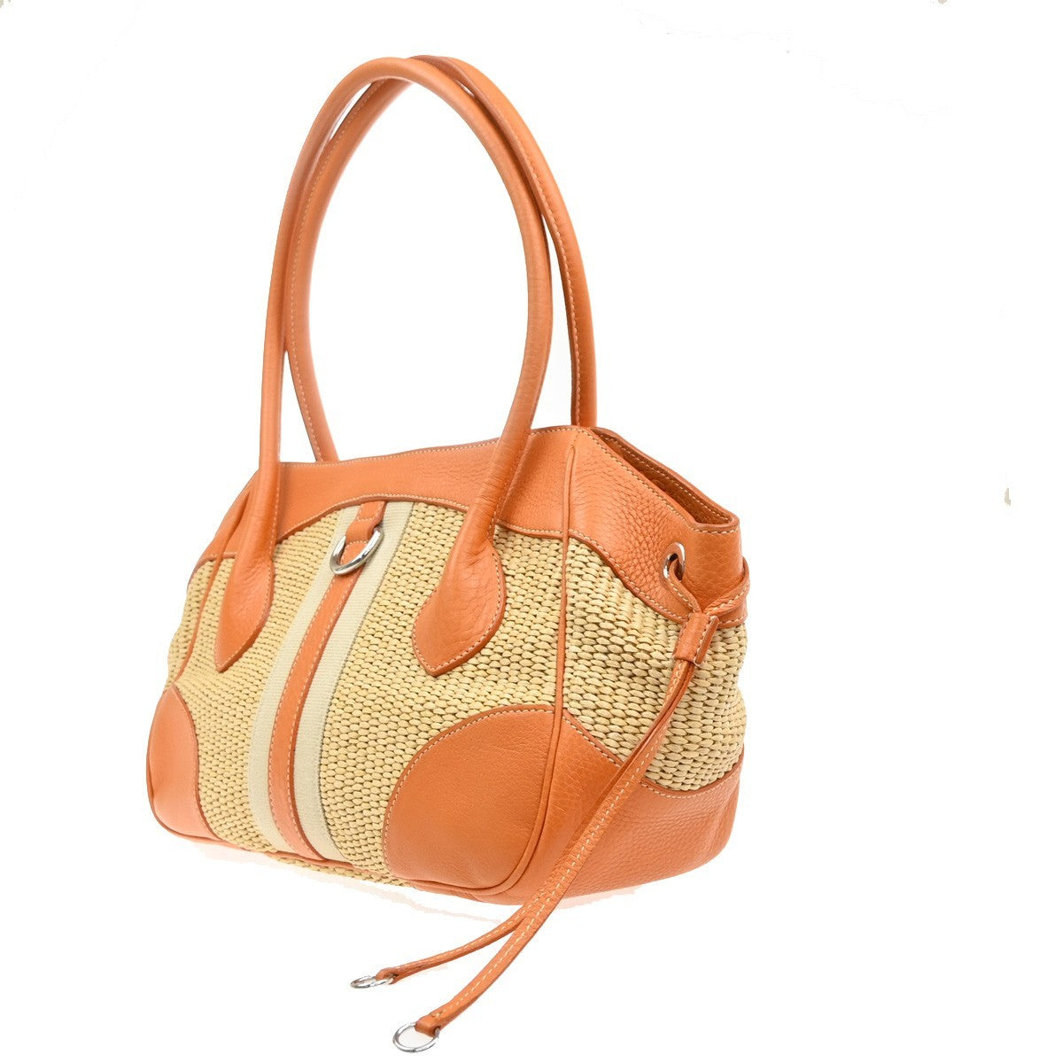 PRADA Logo Shoulder Bag Raffia Straw Leather Beige Orange SHW Italy 76YJ131