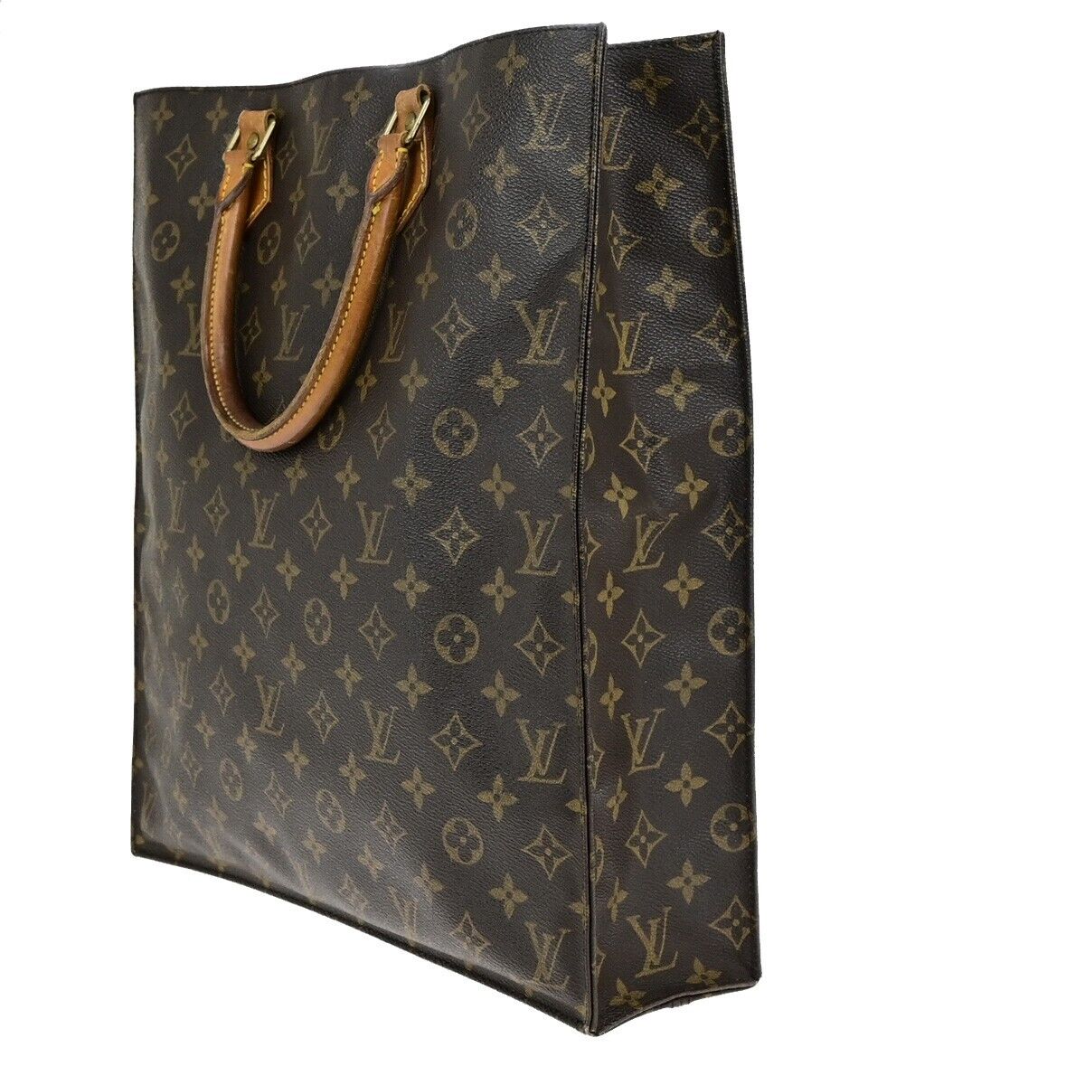 LOUIS VUITTON Logo Sac Plat Hand Tote Bag Monogram Leather Brown M51140 35ED420