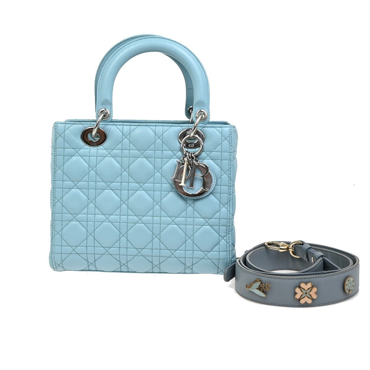 CHRISTIAN DIOR Logo Lady Cannage 2Way Shoulder Hand Bag Leather Blue 627RL153