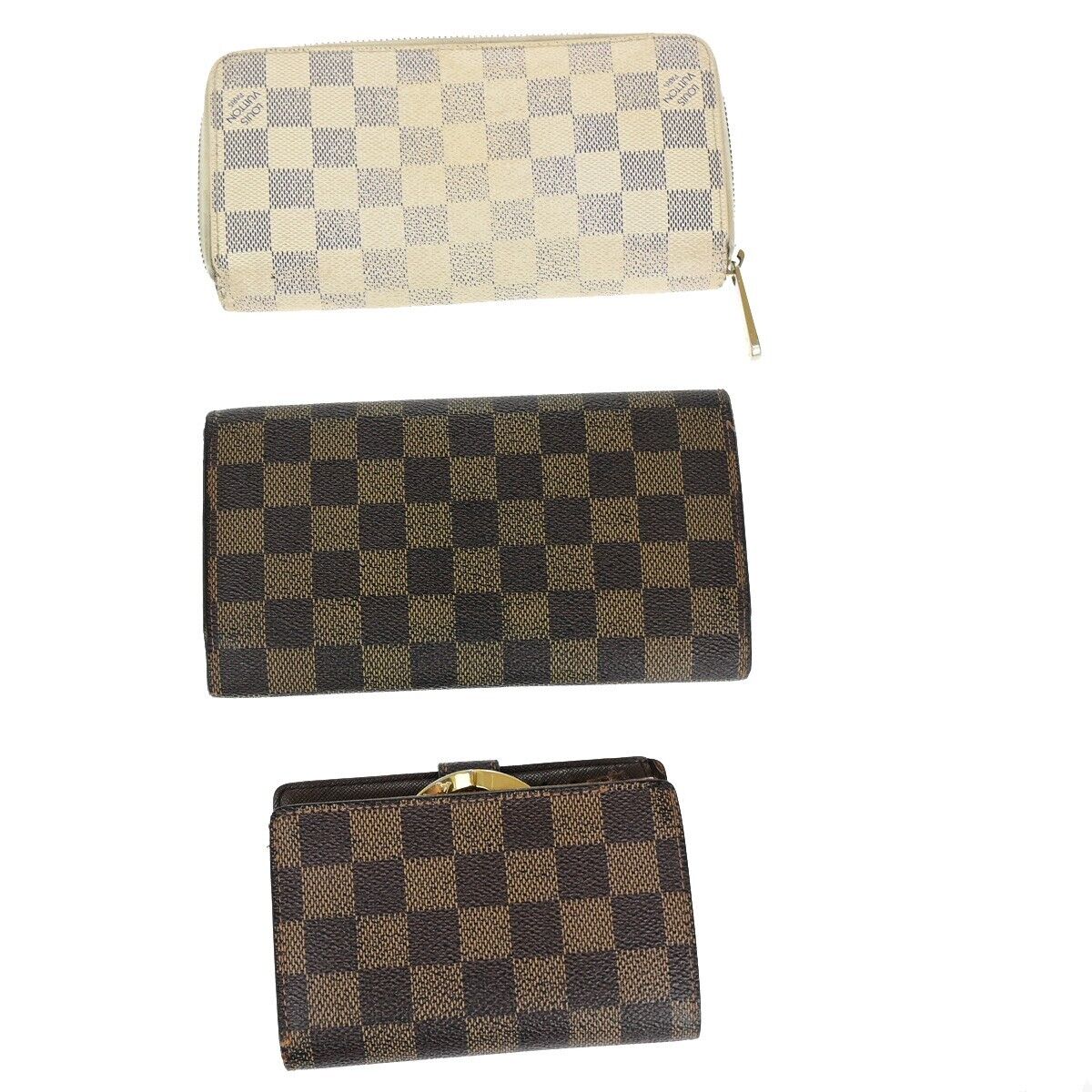 LOUIS VUITTON 3 Set Bifold Wallet Damier Azur Ebene Leather White Brown 38KA236