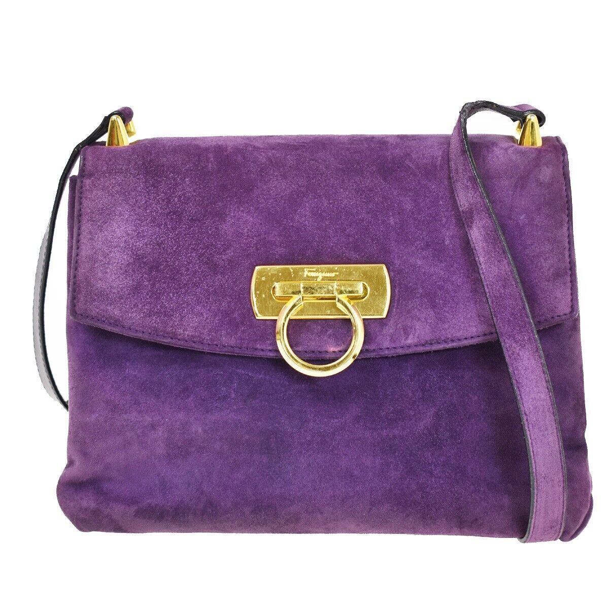 SALVATORE FERRAGAMO Gancini Shoulder Bag Suede Leather Purple Gold Italy 66YC022