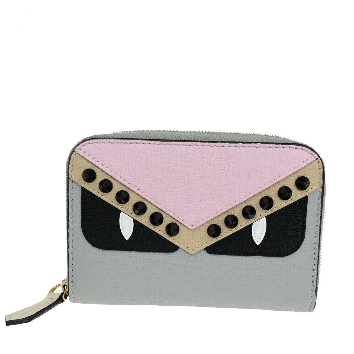 FENDI Logo BAG BUGS Monster Mini Around Wallet Occhi Mostro Leather Gray 31YF311