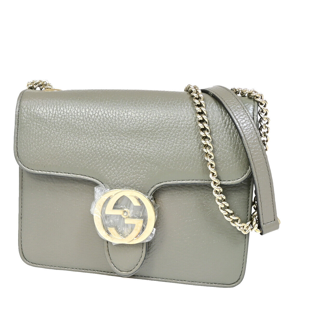 GUCCI Logo Interlocking G Chain Shoulder Bag Leather Gray GHW Italy 52YF630