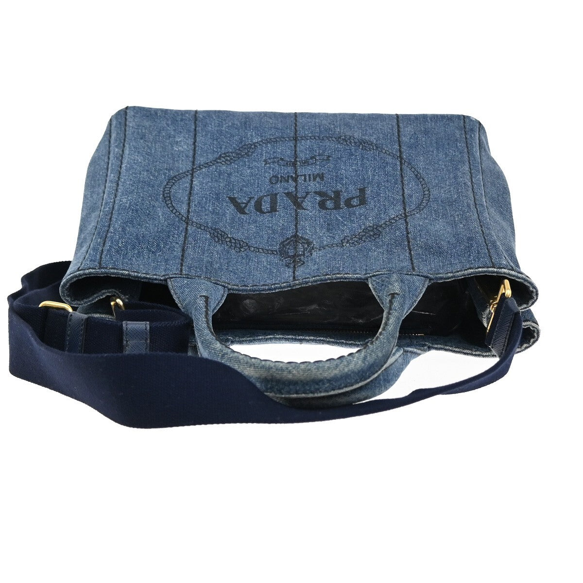 PRADA Logo Canapa 2Way Shoulder Hand Tote Bag Denim Leather Blue GHW 84EE247