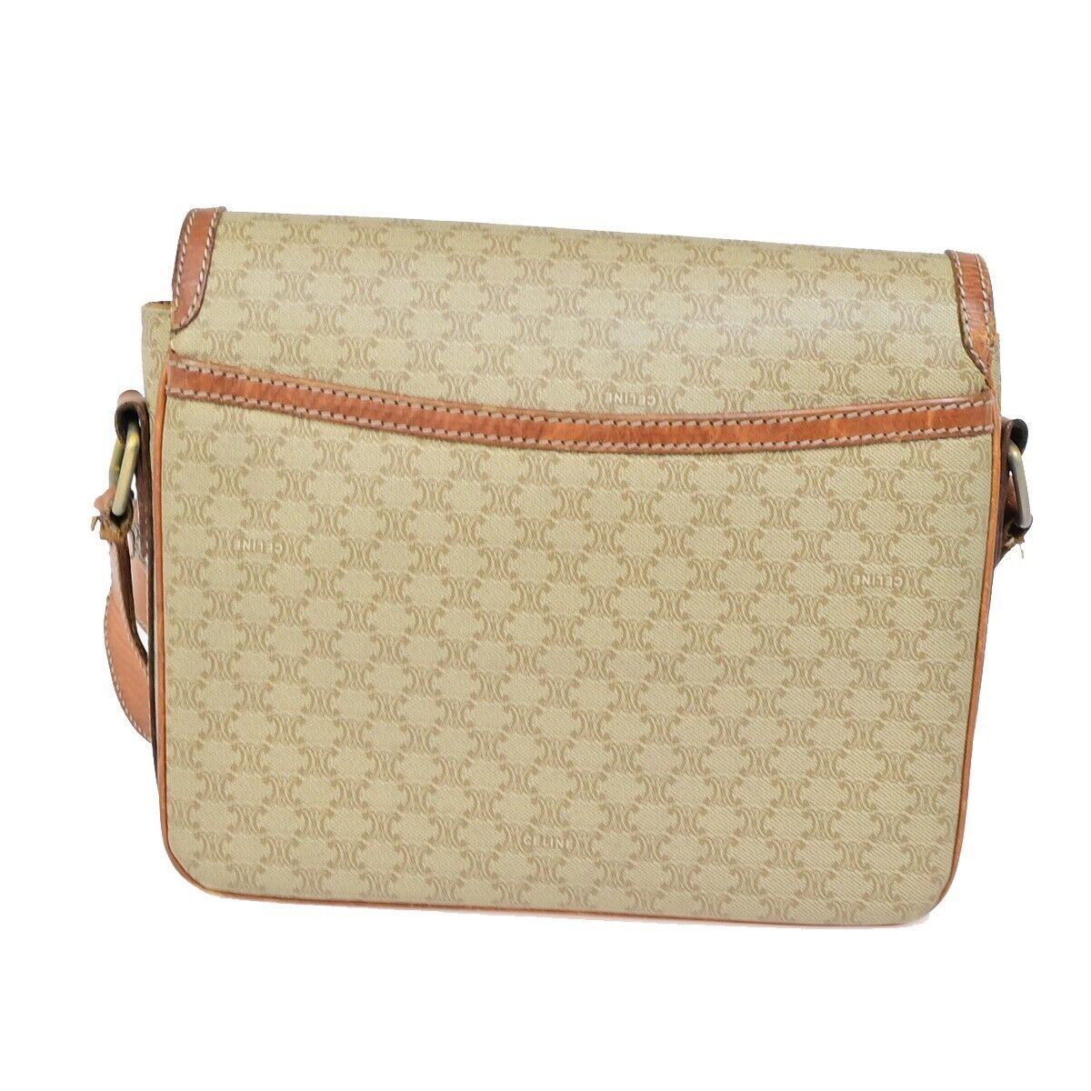 CELINE Logo Macadam Pattern Shoulder Bag PVC Leather Beige Italy 04EB426