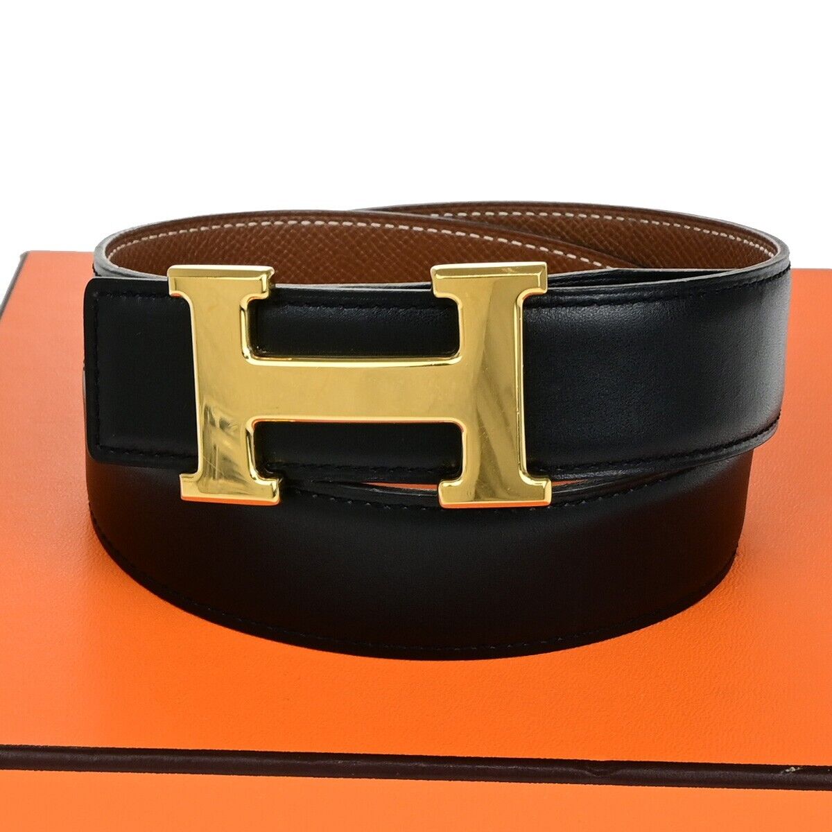HERMES H Logo Constance Reversible Buckle Belt #70 Leather ◯Z Black GHW 83EC005