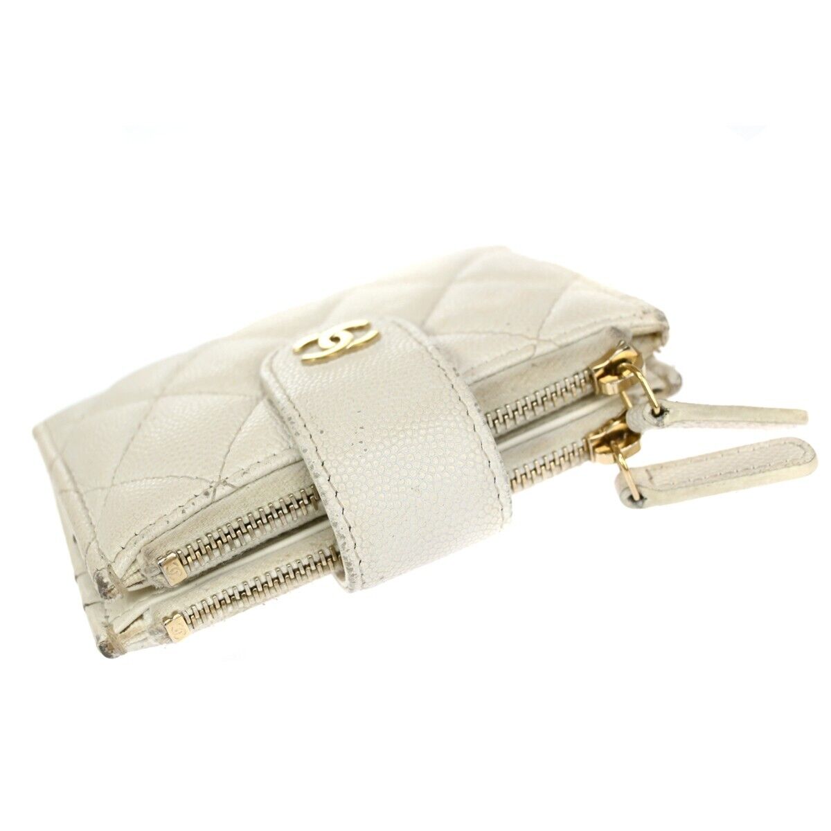CHANEL CC Logo Bifold Wallet Purse Caviar Skin Leather White GHW Italy  30HB382