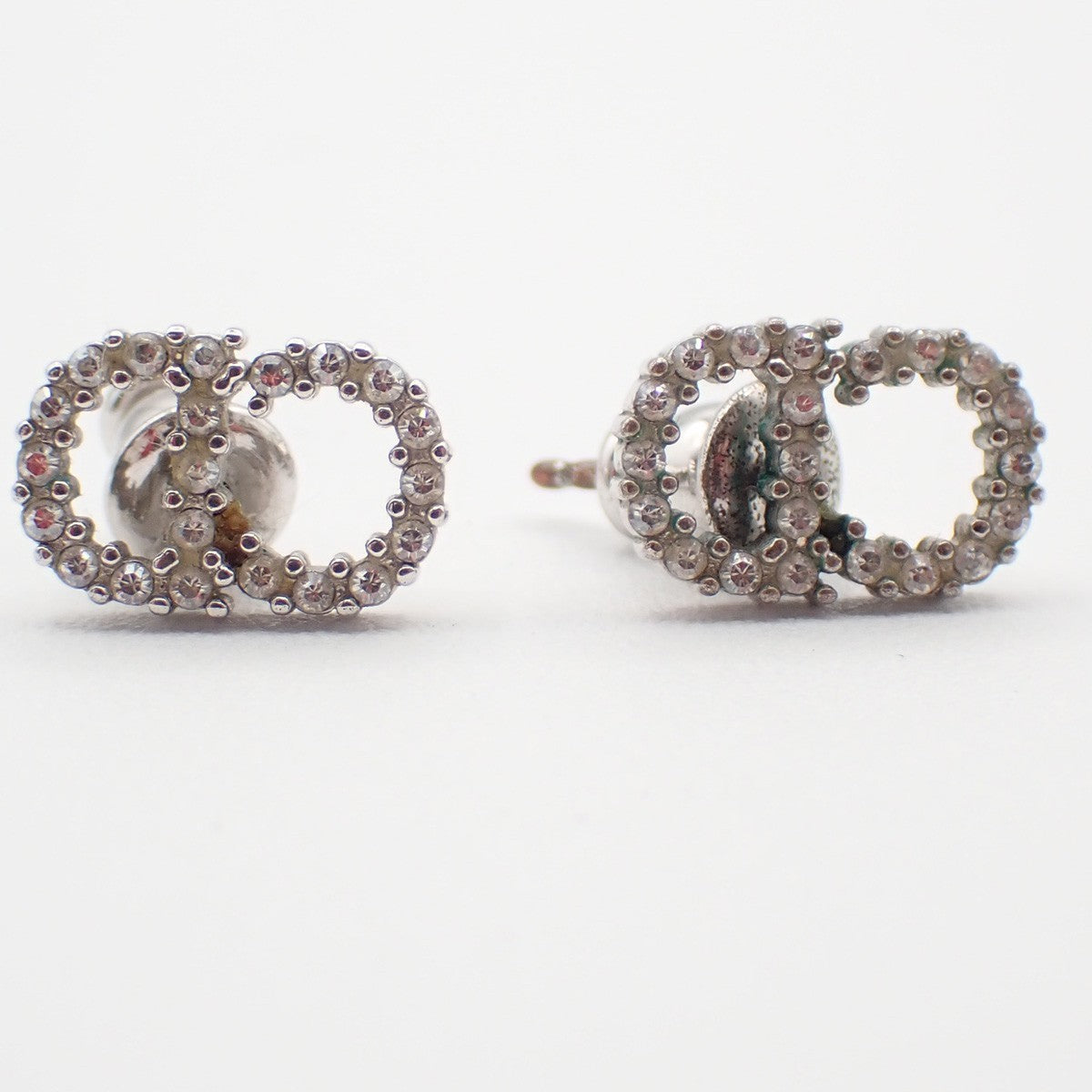 CHRISTIAN DIOR CD Logo Rhinestone Piercing Earrings Silver 62RL850