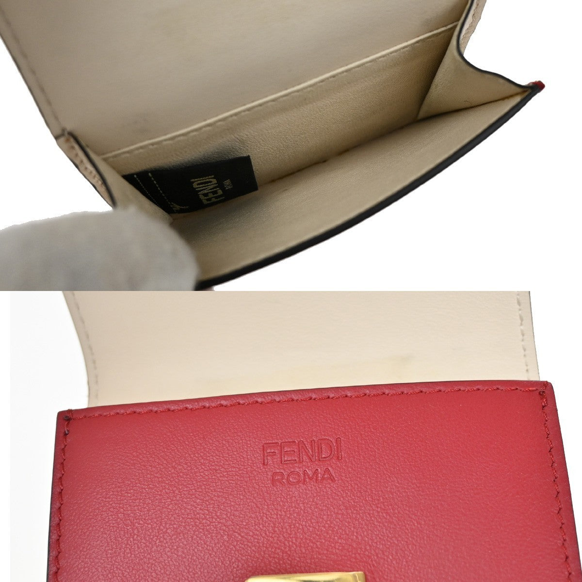 FENDI Logo Peekaboo Compact Trifold Wallet Purse Leather Red GHW Italy 30KB578