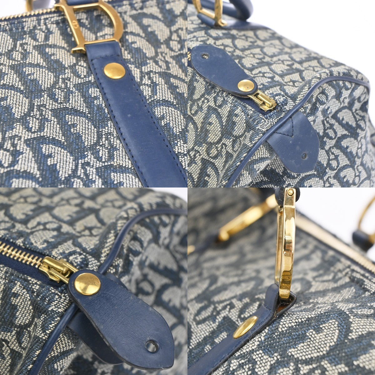 CHRISTIAN DIOR Logo Trotter Boston Hand Bag Canvas Leather Blue Italy 11CA874