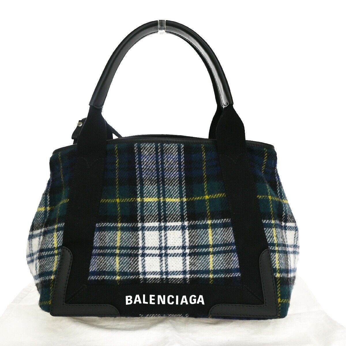 BALENCIAGA NAVY Cabas S Shoulder Tote Bag Check Pouch Wool Leather GN BK 75YC423