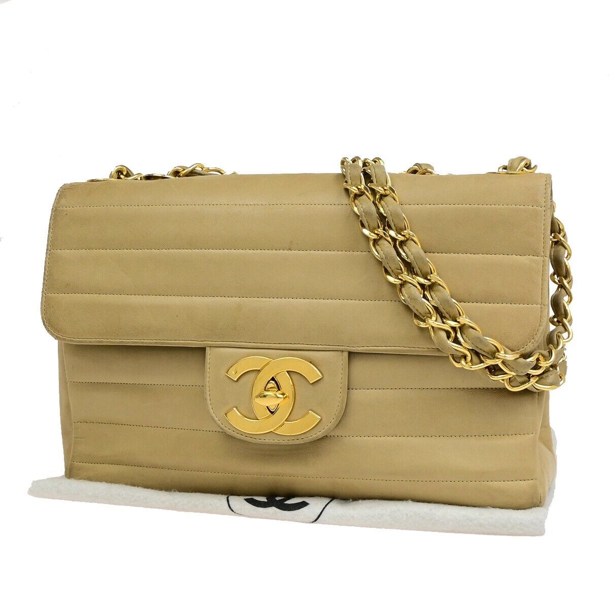 CHANEL CC Horizontal Stitch 30 Chain Shoulder Bag Leather Beige Vintage 653RF229