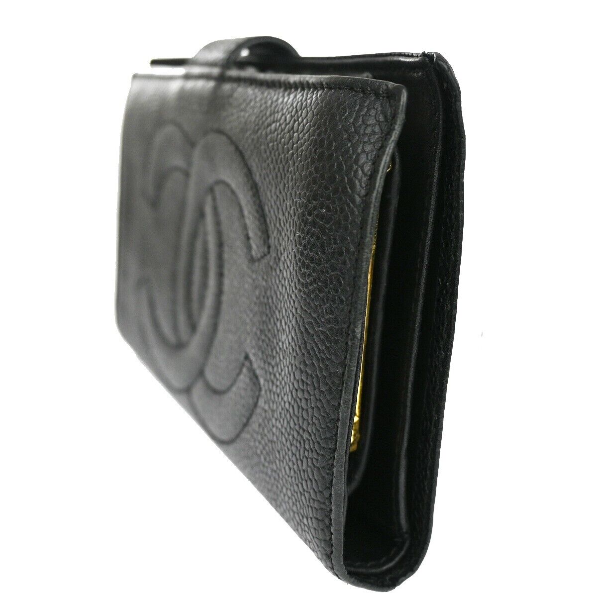 CHANEL CC Long Bifold Wallet Purse Caviar Skin Leather Black GHW Vintage 68YD942