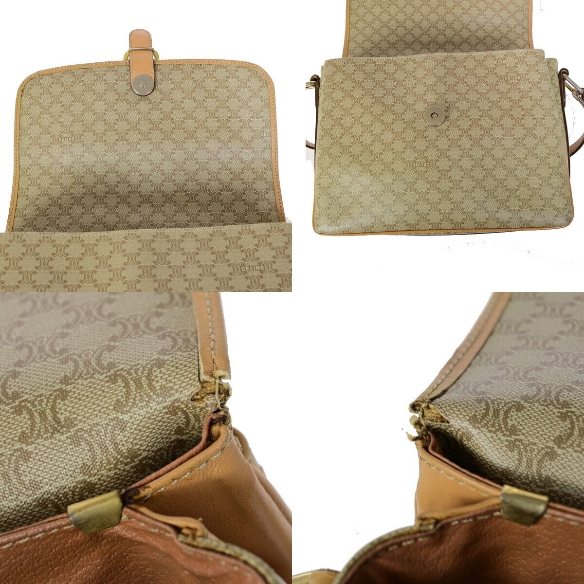 CELINE Logo Macadam Pattern Shoulder Bag PVC Leather Beige Italy 68EB396