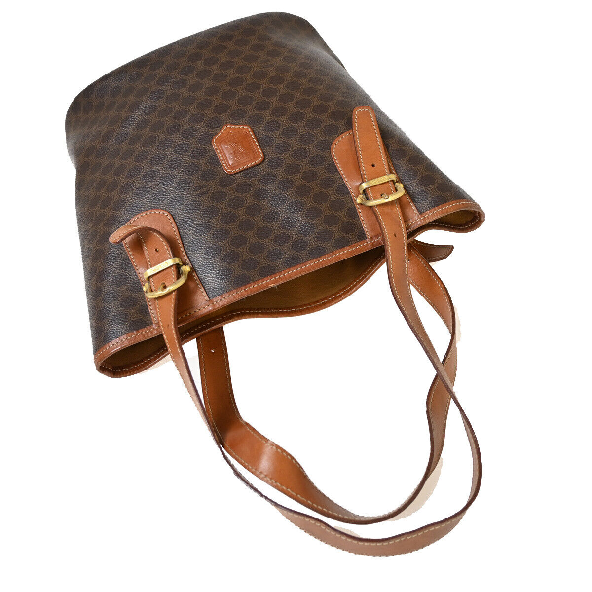 CELINE Logo Macadam Pattern Shoulder Tote Bag PVC Leather Brown GHW 33YE326