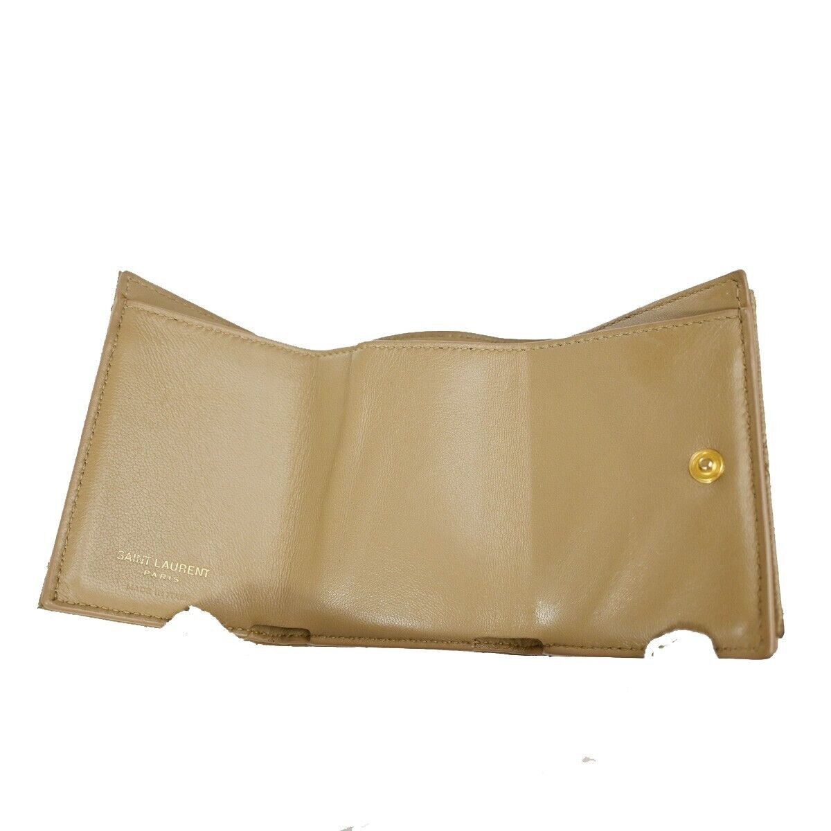SAINT LAURENT YSL Logo Trifold Wallet Purse Leather Beige Gold Italy 66SH093