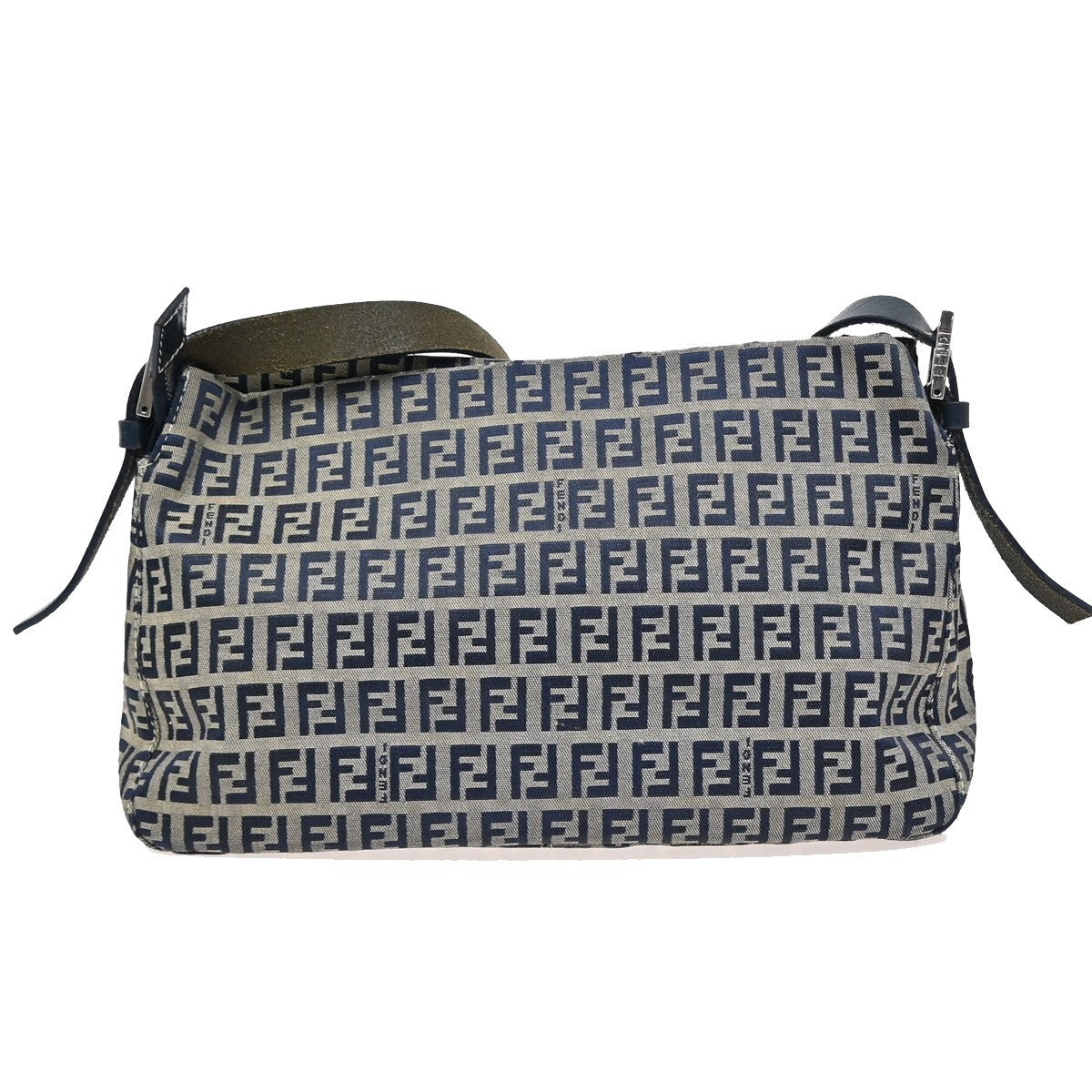 FENDI Logo Zucchino Pattern Shoulder Bag Canvas Leather Navy Blue Silver 70EE283