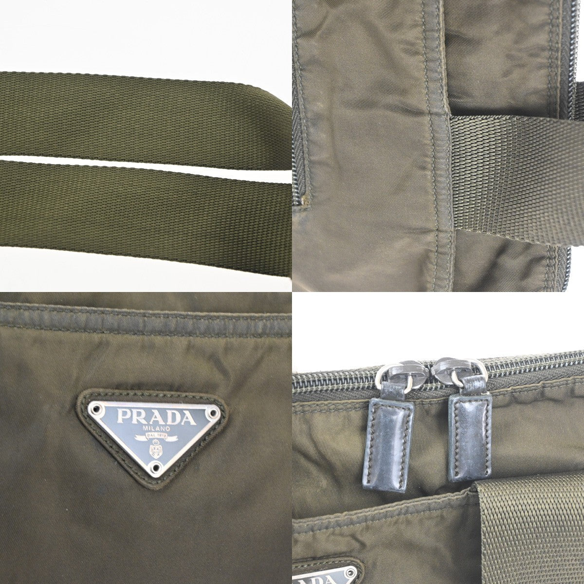 PRADA Logo Shoulder Hand Bag Nylon Leather Khaki Green 62TA556