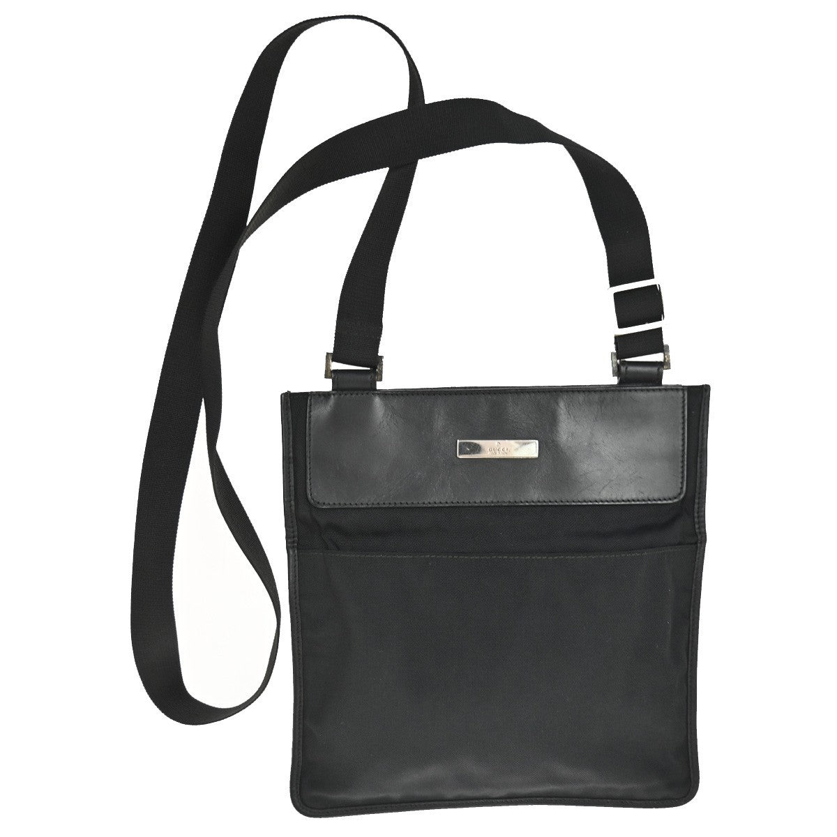 29.Live GUCCI Logo Crossbody Shoulder Bag Nylon Leather Black SHW Italy 05KC142