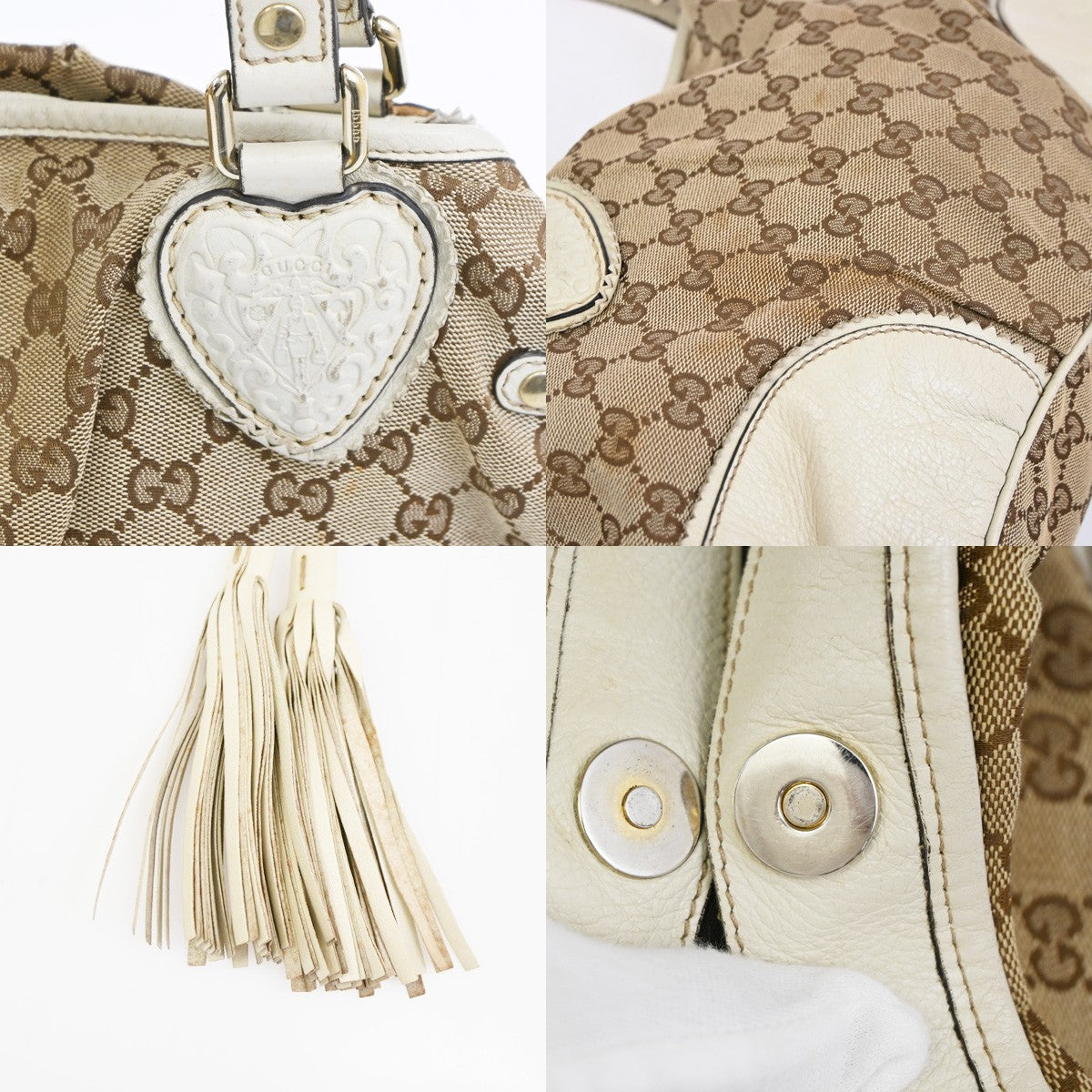 GUCCI GG Tassel Shoulder Tote Bag Canvas Leather Brown White Italy 62TA672
