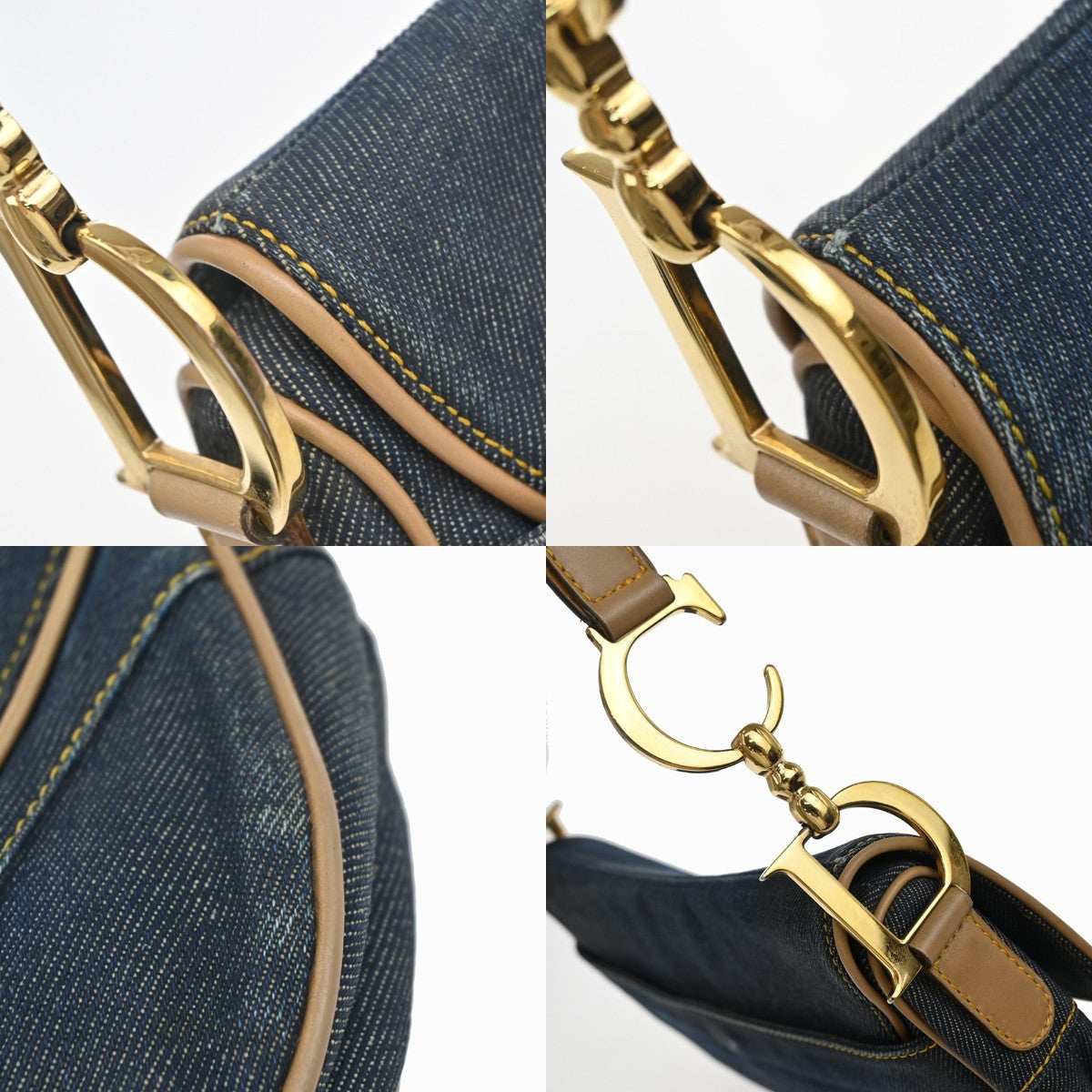 CHRISTIAN DIOR Double Saddle Denim Shoulder Bag Canvas Leather Blue 308RP166