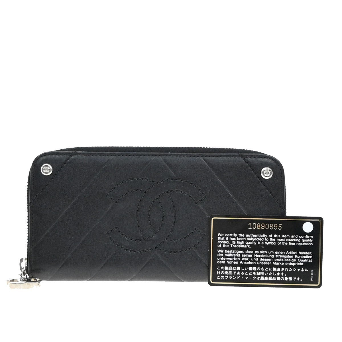 CHANEL CC Logo V-stitch Zip Around Long Wallet Leather Black Silver 77RF674