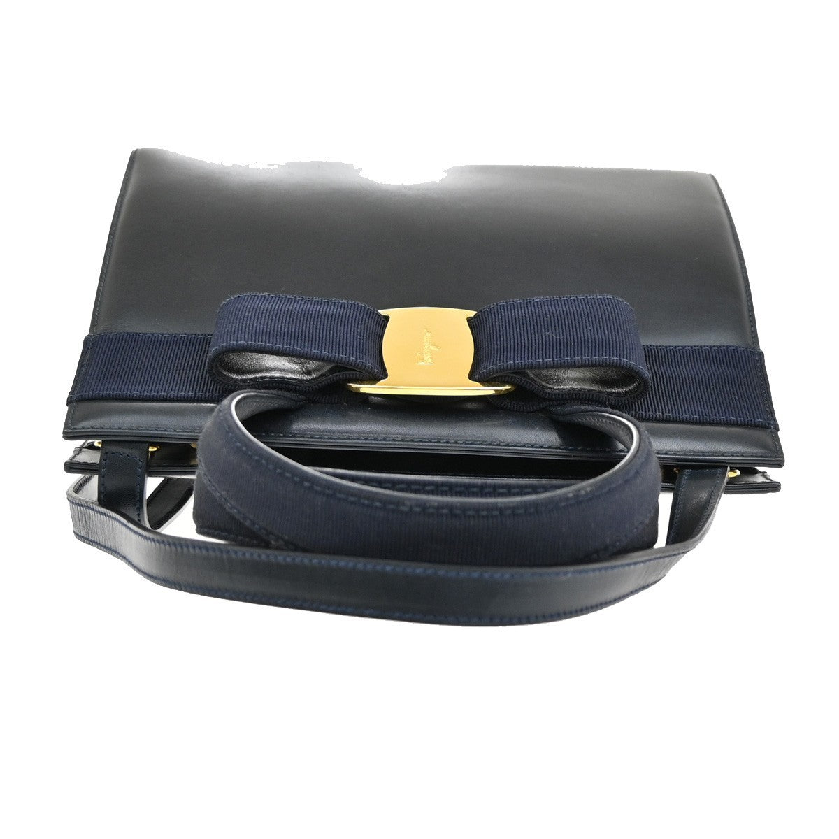 SALVATORE FERRAGAMO Logo Vara 2Way Hand Bag Canvas Leather Navy Blue GHW 38AA041