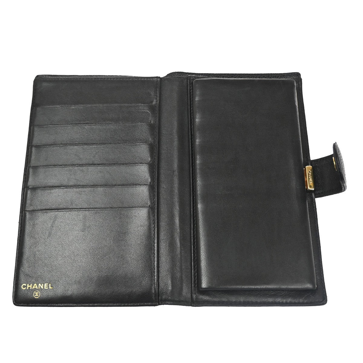 CHANEL CC Logo Bifold Long Wallet Grained Calfskin Leather Black France 16RL991