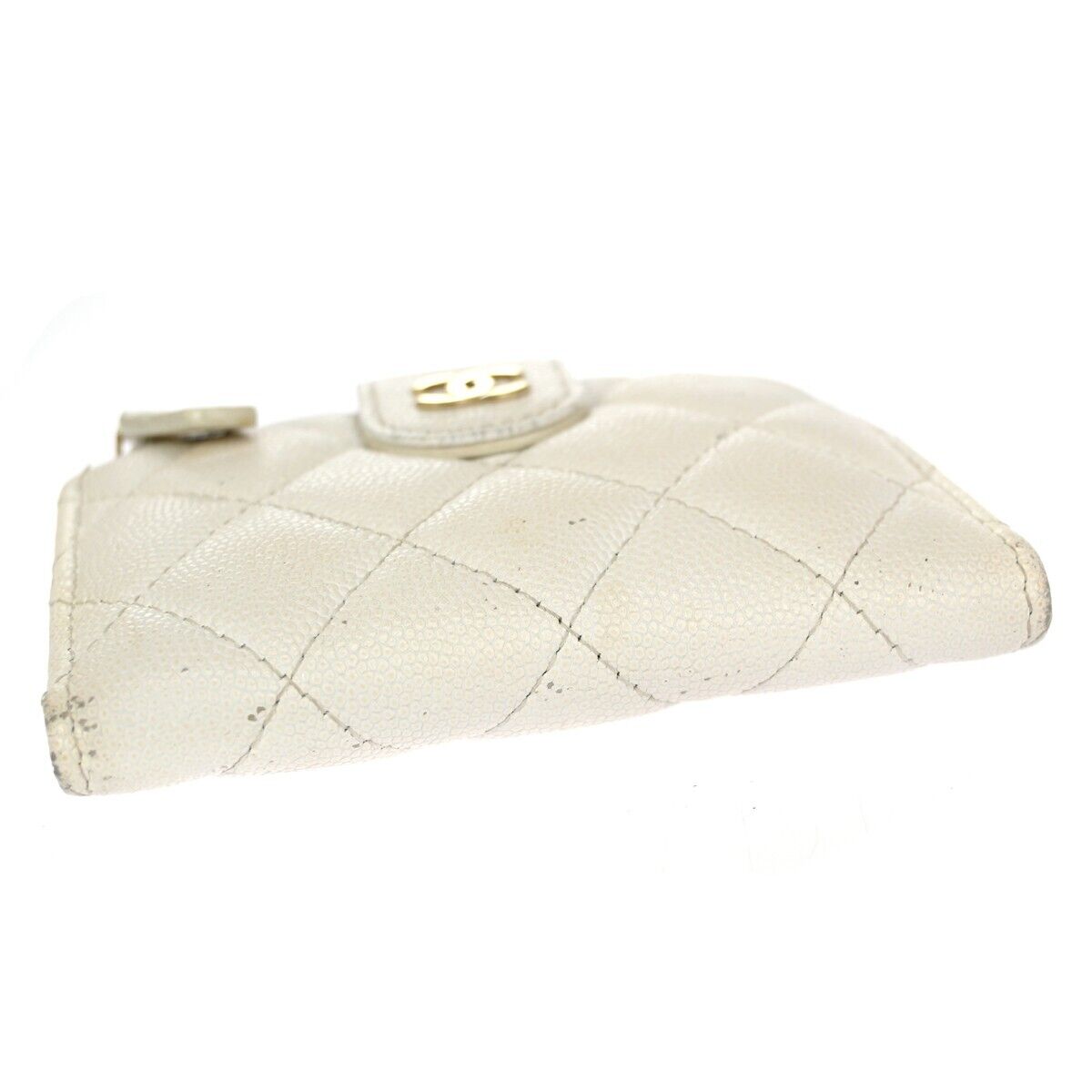 CHANEL CC Logo Bifold Wallet Purse Caviar Skin Leather White GHW Italy  30HB382