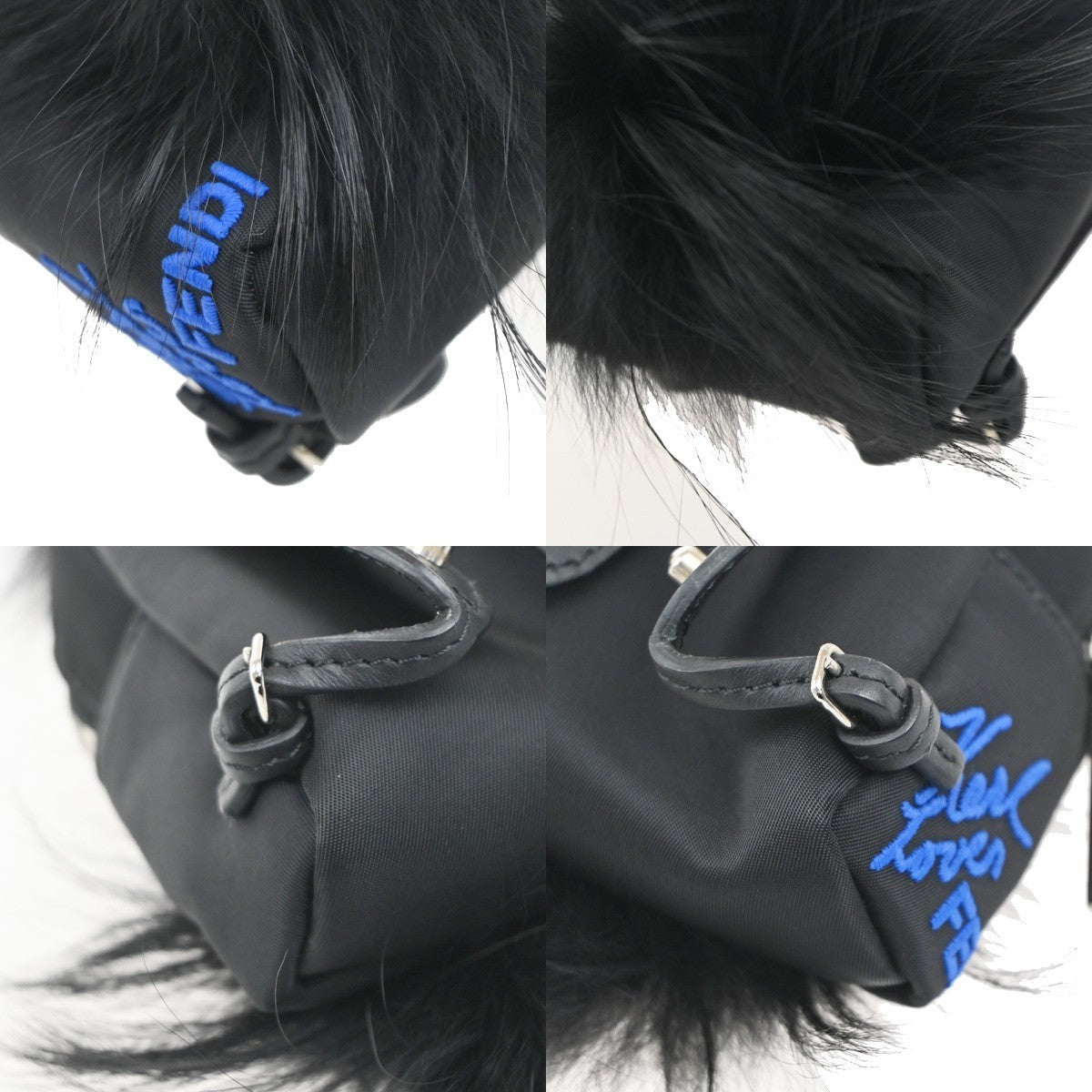 FENDI Karlito Backpack Bag Key Chain Charm Pouch Nylon Leather Fur Black 31KP339