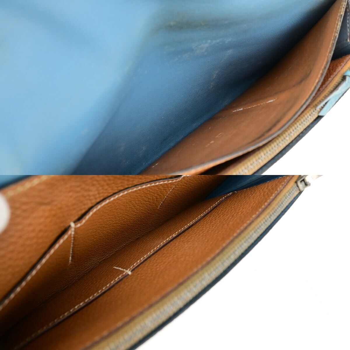 HERMES Dogon GM Coin Case Bicolor Bifold Wallet Togo Leather Bleu Jean 32KA284