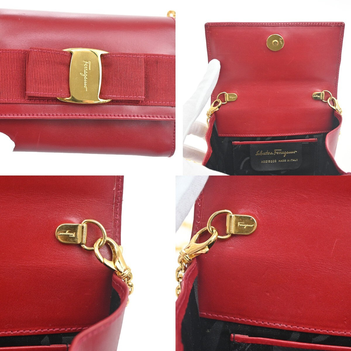 SALVATORE FERRAGAMO Vara 2Way Chain Mini Shoulder Clutch Bag Leather Red 31EE972