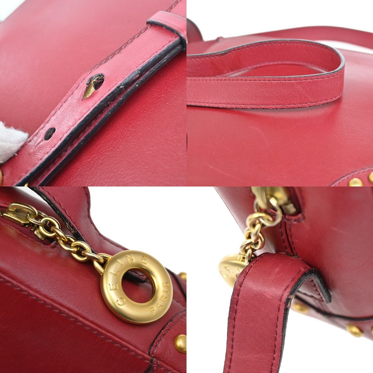 CELINE PARIS Logo Circle Studs Shoulder Bag Leather Red Gold Italy 62KP173