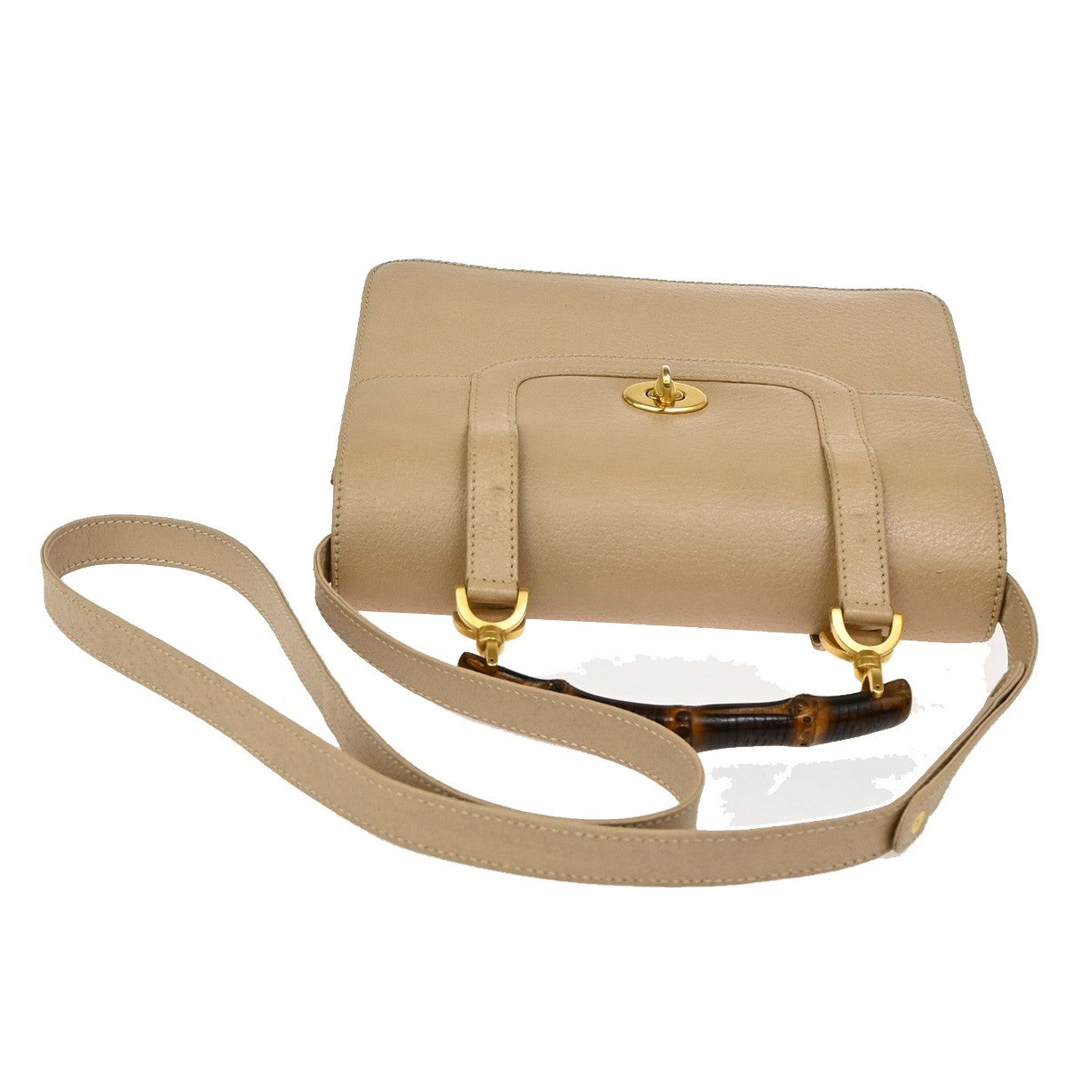 GUCCI Logo Bamboo 2Way Shoulder Hand Bag Leather Beige GHW Italy 95KB654