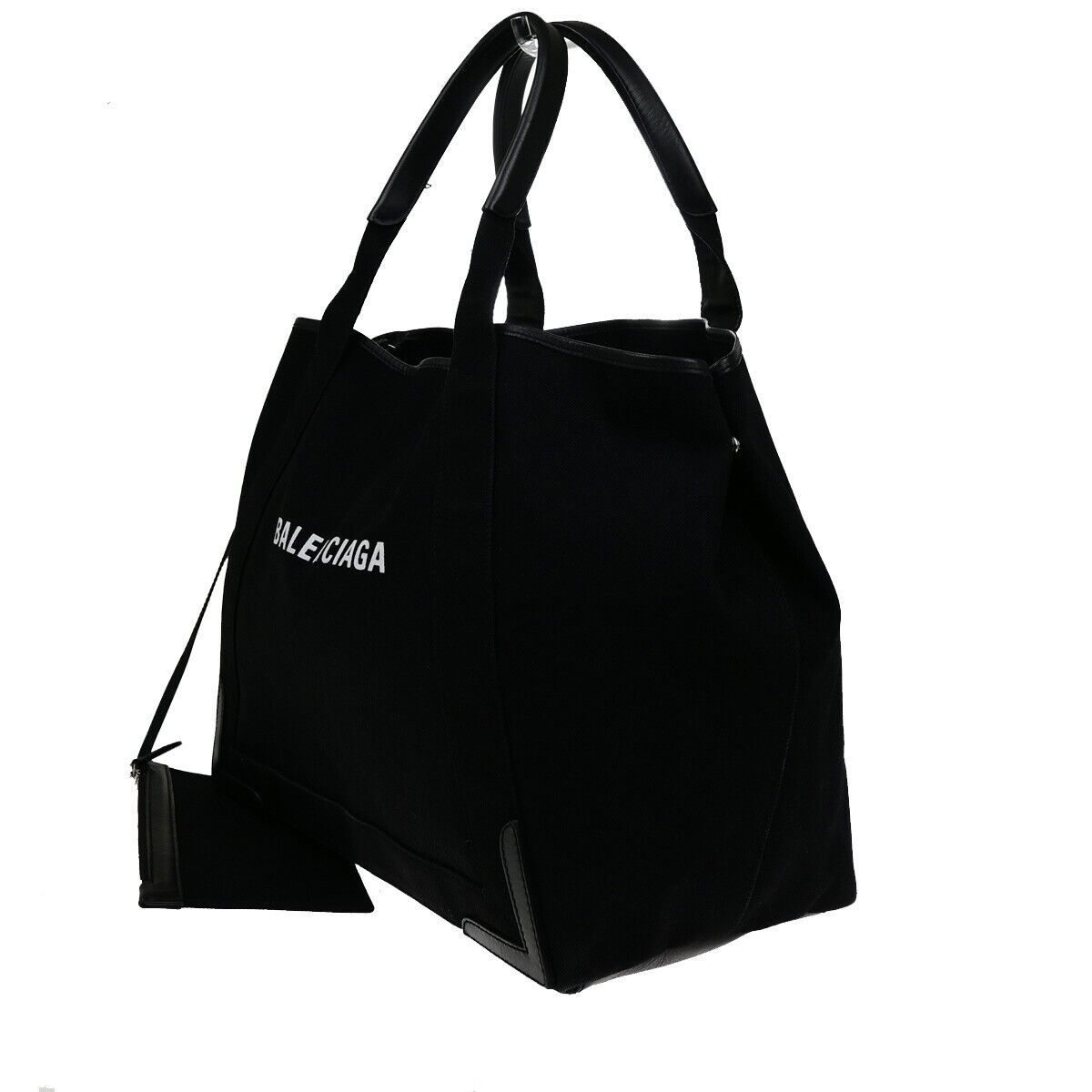 BALENCIAGA Logo Navy Cabas Shoulder Tote Bag Canvas Leather Black 34ED425