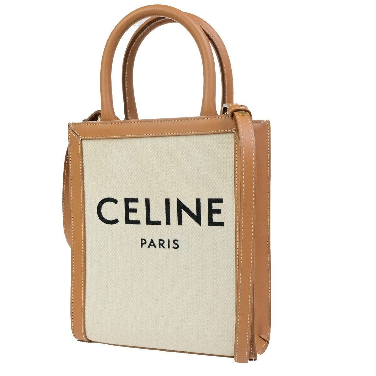 CELINE Logo Vertical Cabas 2Way Mini Hand Tote Bag Canvas Leather Brown 667RK836