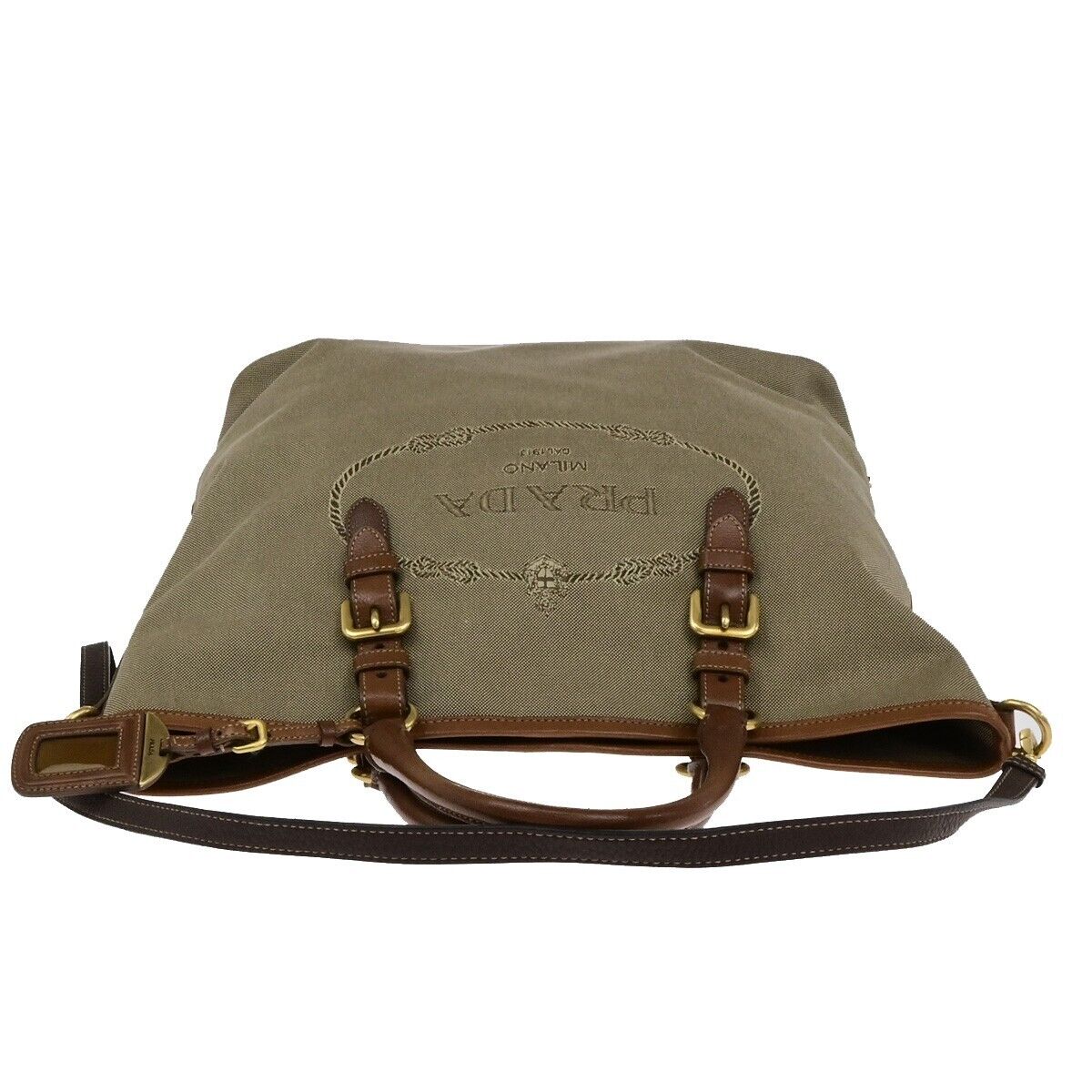 PRADA MILANO Logo Jacquard 2Way Shoulder Hand Bag Canvas Leather Brown 82EE119