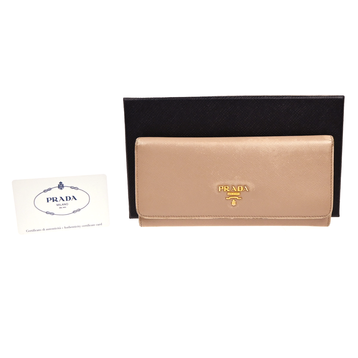 PRADA Logo Bifold Flap Long Wallet Saffiano Leather Beige GHW Italy 01KD036