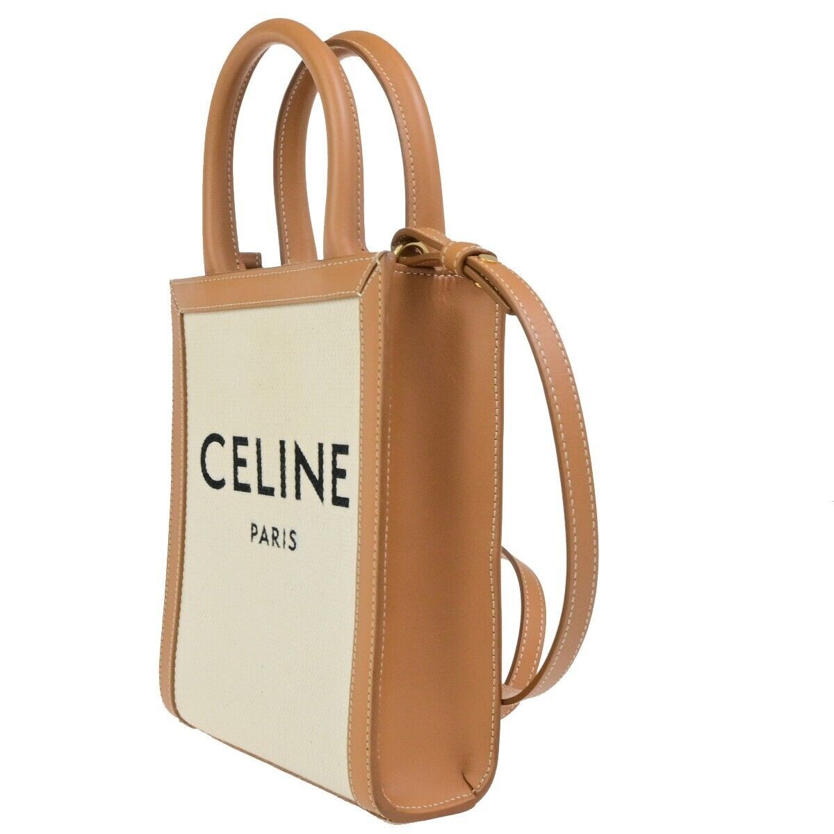 CELINE Logo Vertical Cabas 2Way Mini Hand Tote Bag Canvas Leather Brown 667RK836