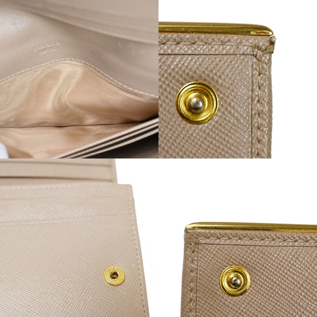 PRADA Logo Saffiano Long Bifold Wallet Purse Leather Beige Gold Italy 05SH556