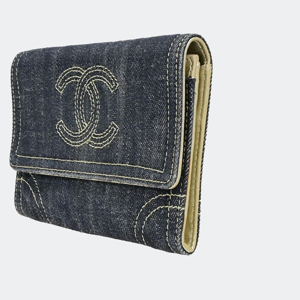 CHANEL CC Logo Stitch Flap Wallet Purse Denim Leather Blue Gold GHW 70RK156