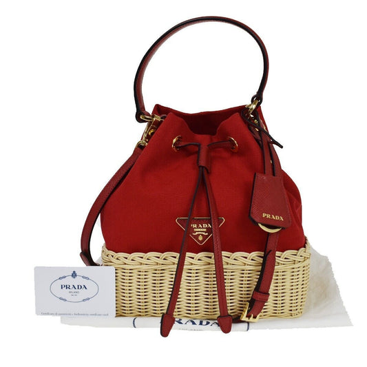 PRADA Logo Plage Wicker 2Way Shoulder Hand Bag Canvas Leather Red Gold 678RH125