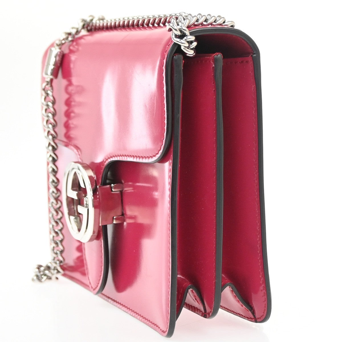 GUCCI Interlocking G Mini Chain Shoulder Bag patent Leather Pink SHW 71TA665